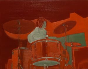 Red Velvet: Moe Tucker on Drums, 2023, Oil on Panel, 11 X 14 inches