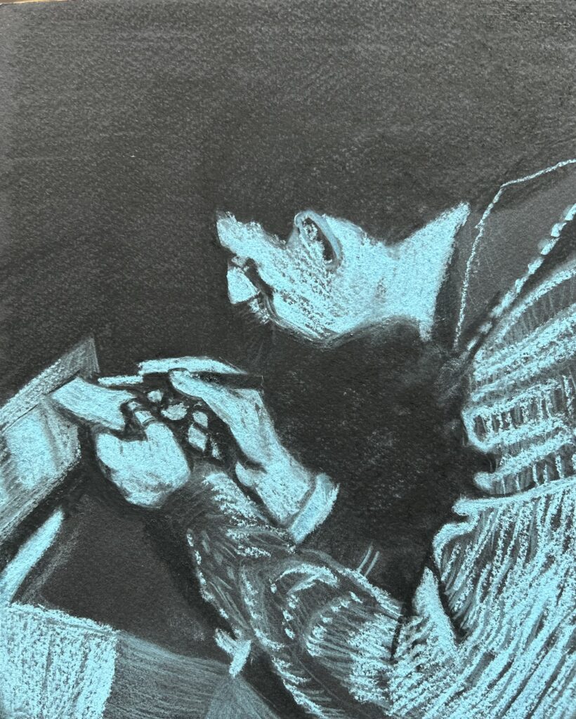 Bram Zwart made false ID Cards during the Dutch Resistance. 2025 12X9 inches color pencil on black paper