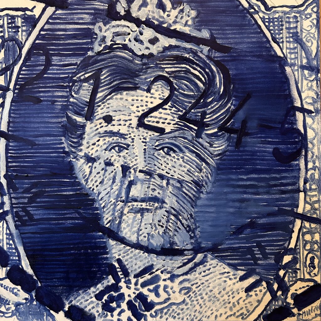 Ned-Indie 1938 Wilhelmina Blue Stamp, 2025, 12X12 inches, Oil on Panel