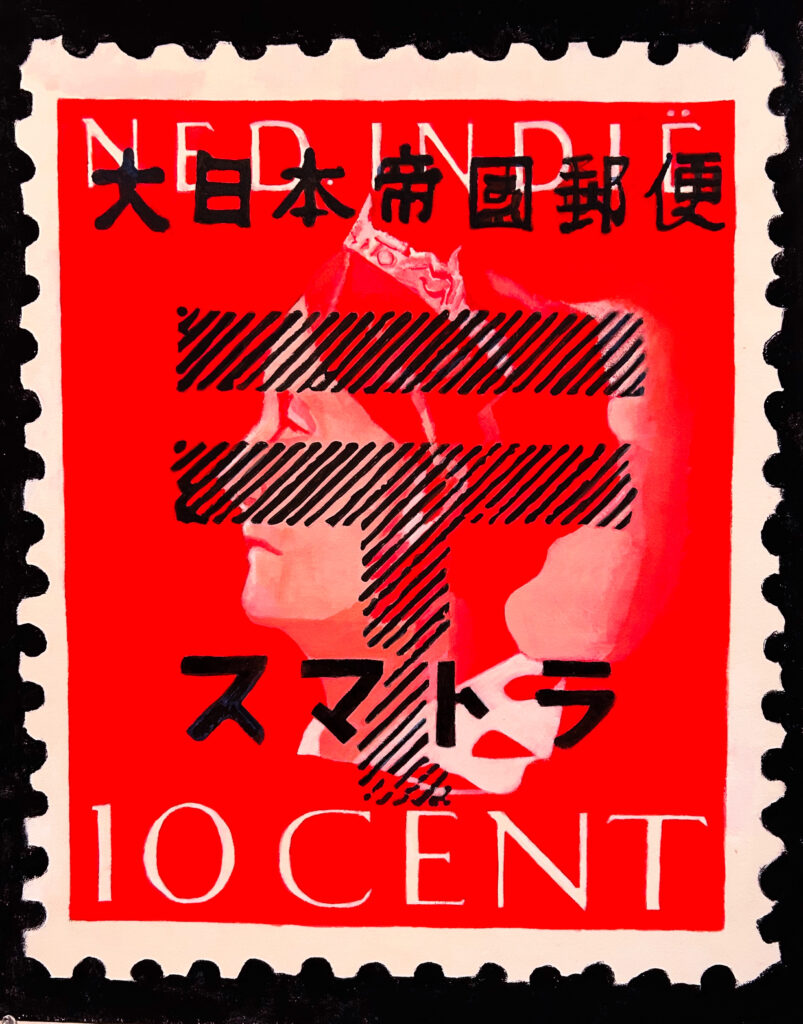 1938, 10 Cent, Red, Ned-Indie Stamp with Queen Wilhelmina, overprinted with language signifying the Japanese Occupation in 1942-45, 2025, Gouache on 400 lb. Arches Watercolor Paper, 30X22 Inches